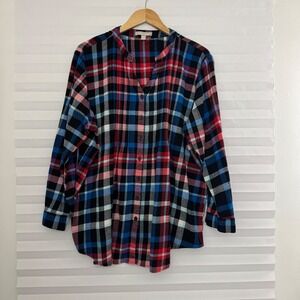 Woman Within Plaid Flannel Tunic Top 1X 22/24 Blue Red Cotton Pintuck Button Up